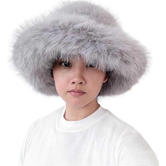 Oversized Winter Faux Fur Bucket Hat for Women Light Gray - Picture 1 of 5
